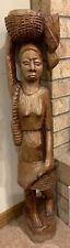 Large Beautiful Vintage Wooden Carved African Woman Carrying Basket On Head picture