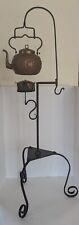 Antique  Heavily Decorated Copper Swinging Spirit Kettle on a Wrought Iron Stand picture