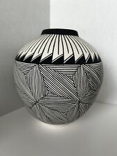 Vintage Acoma Pueblo Pottery Large Vase Pot Embossed Black & White, Signed Keene picture