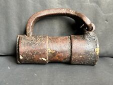 19c RARE VINTAGE HAND-FORGED MA HEAVY DOOR IRON BARREL SHAPE PADLOCK WITH  KEY picture