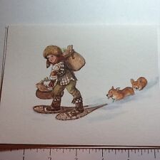 #B758- Vintage Unused Tasha Tudor Xmas Card Boy In Snow Shoes With 2 Corgis picture