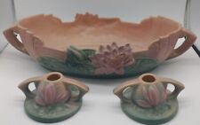 Vintage Roseville Water Lily Pottery Pink Console Bowl 444-14 Candleholders Set picture