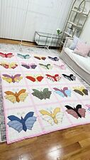 Vintage Butterfly Handmade Patchwork Quilt Cottage Shabby Colorful 77”x98” Pink picture