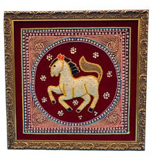 Old Thai Burmese Horse Pony Tapestry Hand Embroidered Framed Wall Hanging 15”. picture