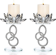 OwnMy Set of 2 Crystal Lotus Flower Candlestick Holders Metal Glass Lotus Pillar picture