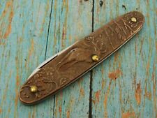 VINTAGE BERETTA ITALY COPPER BULL ELK PICTURE EMBOSSED AD POCKET KNIFE KNIVES VG picture