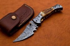 CUTTLERS HANDMADE DAMASCUS STEEL BLADE POCKET(Folding)KNIFE WITH RAM HORN HANDLE picture