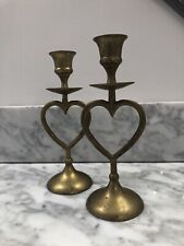 Pair Vintage Brass Heart Candlesticks Candleholders picture