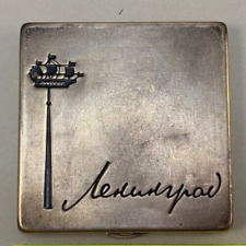 Vintage 60s Soviet Powder Box Case Compact Silver Collectibles Leningrad Mirror picture