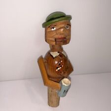 Vintage Anri Folk Art Carved Wood Cork Wine Bottle Stopper Man Drinks Beer Nice picture