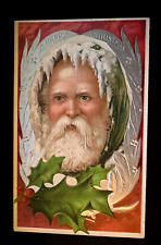 Full Face~SANTA CLAUS with Holly~Antique ~Embossed Christmas Postcard~h795 picture