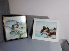 (2) Asian Silk Paintings Woven 19x17 buildings mountains boat lake ocean  picture