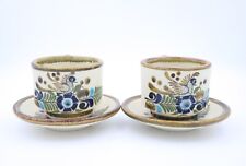 Set of 2 Mexican Tonala Pottery Cup and Saucer Blue Bird Mazatlan Sandstone picture