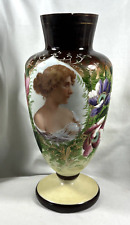 VINTAGE BRISTOL HAND PAINTED GLASS VICTORIAN LADY W ENAMEL FLOWERS VASE CHIPPED picture