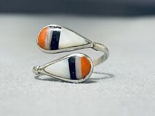 FABULOUS ZUNI CORAL JET MOTHER OF PEARL STERLING SILVER TEARDROPS RING picture