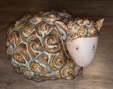 Ceramic Sheep Blues Browns Glazed 8” Long 6” Tall 6.5” Wide Great Gift Knitters picture