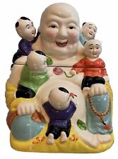 CLAY ART LAUGHING BUDDHA CERAMIC COOKIE JAR 5 CHILDREN DATED 1999 picture