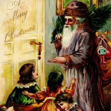 Antique Merry Christmas Postcard Santa w/ Tree Greeting Children Purple Robe picture