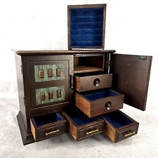Vintage Rare Japanese Tansu Wood Jewelry Box 9 Drawers Blue Inside picture