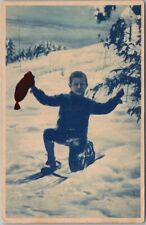Vintage 1915 NORWAY Skiing Greetings Postcard Boy on Skis, Waiting for Applause picture