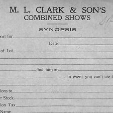 Scarce c1920's M.L. Clark & Son's Combined Shows Circus Unused Synopsis Form picture