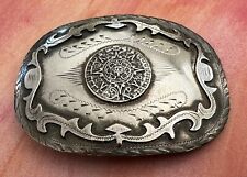 Awesome Antique Vintage Old Mexico Sterling Silver Mayan Calendar Belt Buckle picture