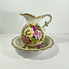 Vintage Norleans Japan PITCHER BASIN BOWL Ceramic Roses Gold Trim Flowers Small picture