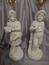 Vintage Pair Young Children Chalkware Boy and Girl Table Vanity Lamps picture
