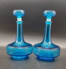 Set of 2 Vtg MCM Blue Belgium Glass Decanters Bottles with Stoppers 5 x 8