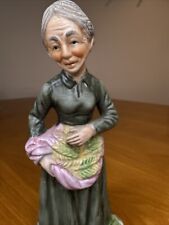 Vintage Porcelain Ceramic Bisque Old Woman Figurine Gathering Wheat Apron picture