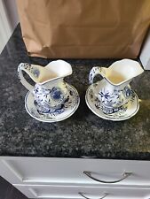 2 Vintage WHITE AND BLUE Enesco Japan Floral Pitcher and Matching Plate picture