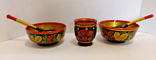 Vintage Russian Hand Pained Lacquered Khokhloma (2) Bowls (2) Spoons (1) Cup Set picture