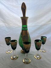 Vtg Seyei Victorian Glass Bar Set Decanter Green Glass w/ Dessert Flutes Enamel picture