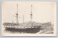Postcard RPPC Double Masted Ship Frigate at Harbor Pier US Flag c1909 picture