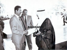 Kuwait-Iraq. Reprinted photo Sheikh Jaber Al Ahmad Al Sabaha with Saddam.  1990 picture
