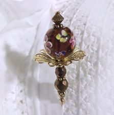 HATPIN with FLOWERS in BURGUNDY and CLEAR MURANO Glass Set on Gold Filigree - 8