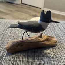 Hand Carved Painted Wooden King Fisher on Driftwood Figurine Bird Folk Art picture