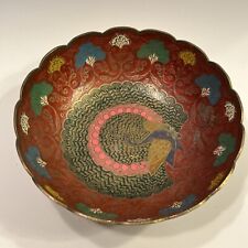 Vintage Solid Ornate Brass Round Bowl With Hand Enamel Painted Peacock Motif picture
