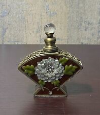 Perfume Bottle Brass Filigree Metal Epoxy Floral W/Rhinestones Screw Cap picture