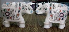 10 Inches Gemstone Inlay Work Elephant Marble Decorative Elephant Set of 2 Piece picture
