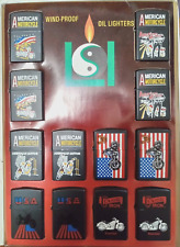 Lot of 12 NEW -  set of 12 oil lighters in display stand. Americana graphic USA picture