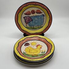 Vintage Mexican Folk Art Hand Painted Dessert Plates Artist Signed Chicken Sheep picture