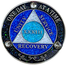 AA 33 Year Crystals & Glitter Medallion, Silver, Blue Color & 3 Crystals picture