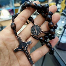 Saint St Benedict Deep Brown Wood Beads Rosary Prayer Crucifix Cross Necklace picture