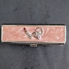 Enameled Lipstick Case Pink Swirl Jeweled Purse Mirrored Lined Silvertone VTG picture
