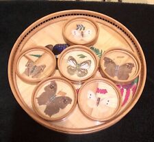 Vtg Pressed Butterfly Coasters and Round Serving Tray Bamboo 7 Piece picture