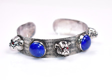 FABULOUS Vtg SOLID Sterling BULLDOG Cuff Bracelet Blue STONES Red Paste EYES 42g picture