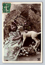 c1910 RPPC French Hand Colored Portrait Young Flower Girl Sheep Fantasy Postcard picture