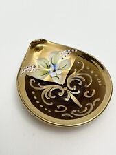 Vintage Antique Bohemian Amber and Gold Hand Painted Enameled Glass Trinket Dish picture
