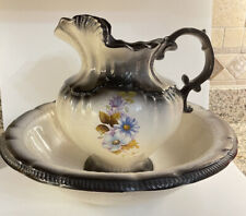 HANDPAINTED Black Ivory FLORAL CERAMIC BOWL AND PITCHER 10